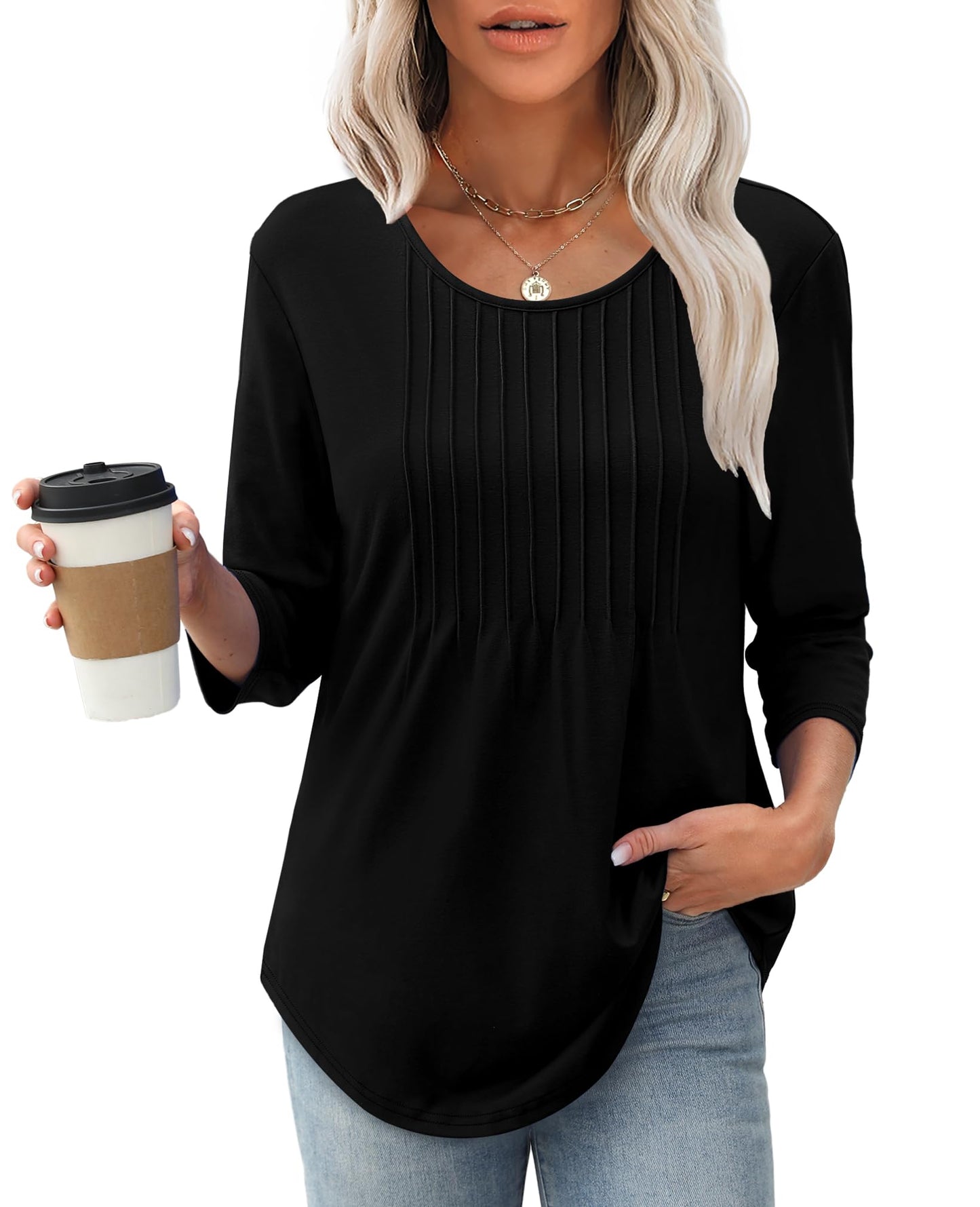 🔥Last Day Sale! 80% OFF!🔥||Women's 3/4 Length Sleeve Crewneck Casual Pleated Tunic Tops(buy 3 free shipping)