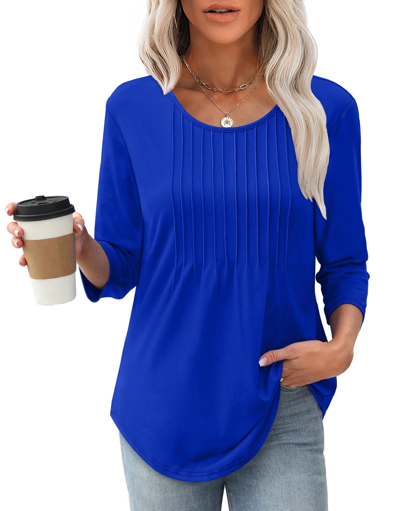 🔥Last Day Sale! 80% OFF!🔥||Women's 3/4 Length Sleeve Crewneck Casual Pleated Tunic Tops(buy 3 free shipping)