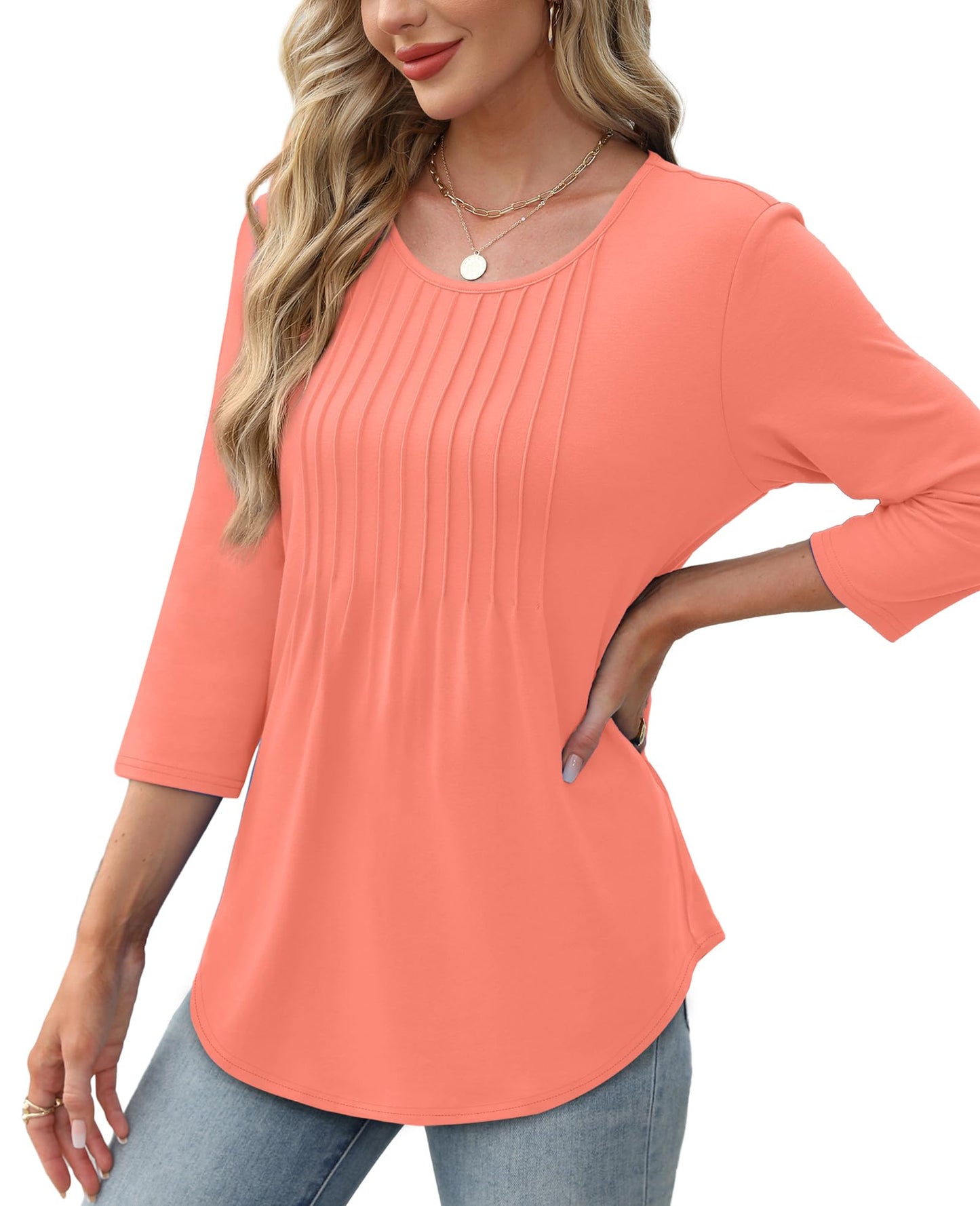 🔥Last Day Sale! 80% OFF!🔥||Women's 3/4 Length Sleeve Crewneck Casual Pleated Tunic Tops(buy 3 free shipping)