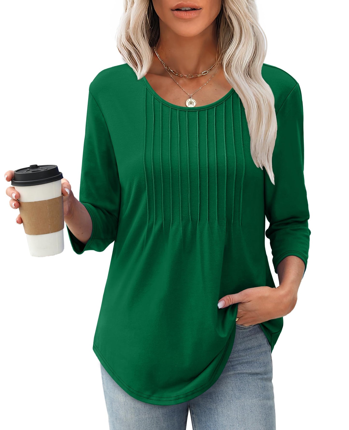 🔥Last Day Sale! 80% OFF!🔥||Women's 3/4 Length Sleeve Crewneck Casual Pleated Tunic Tops(buy 3 free shipping)