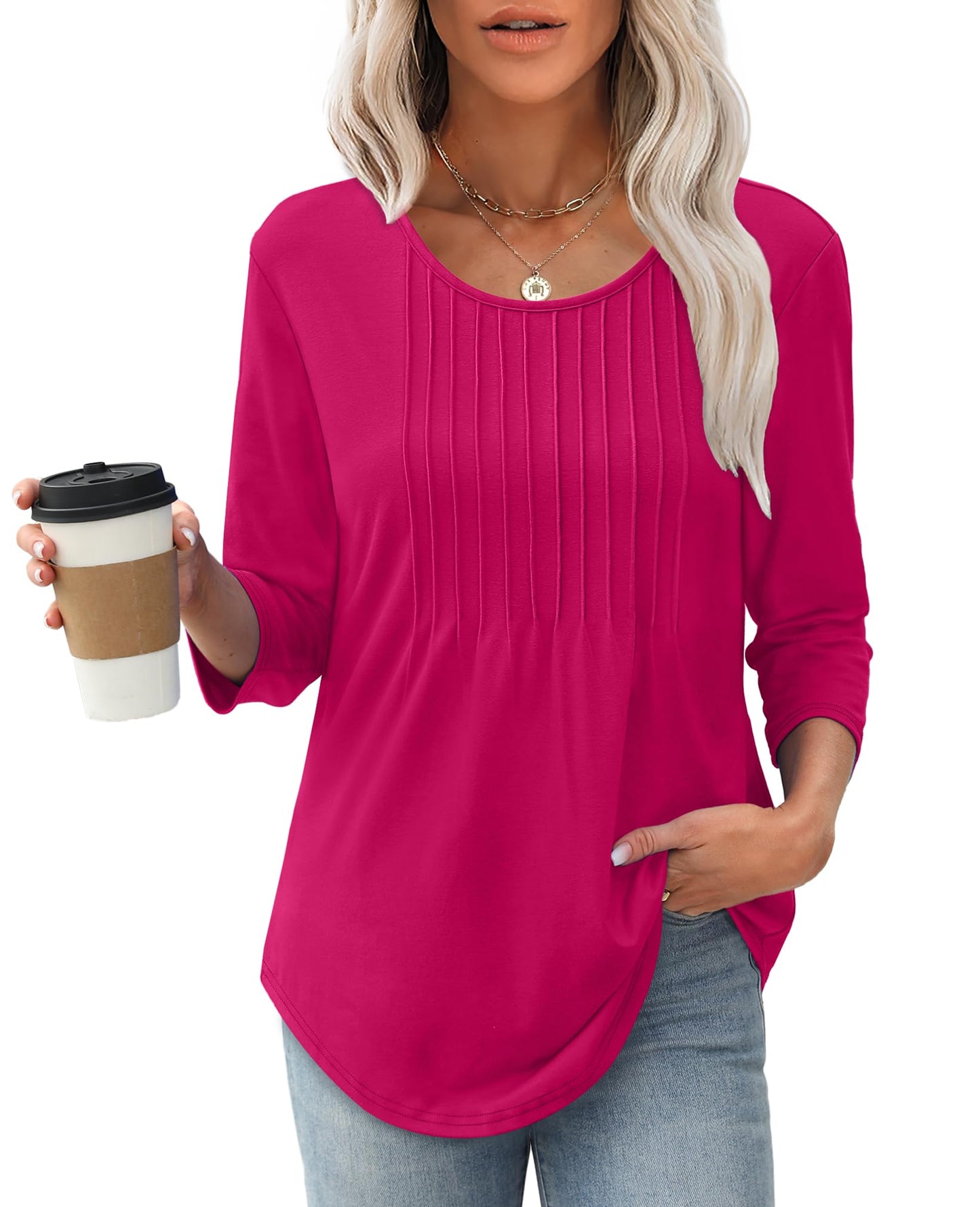 🔥Last Day Sale! 80% OFF!🔥||Women's 3/4 Length Sleeve Crewneck Casual Pleated Tunic Tops(buy 3 free shipping)