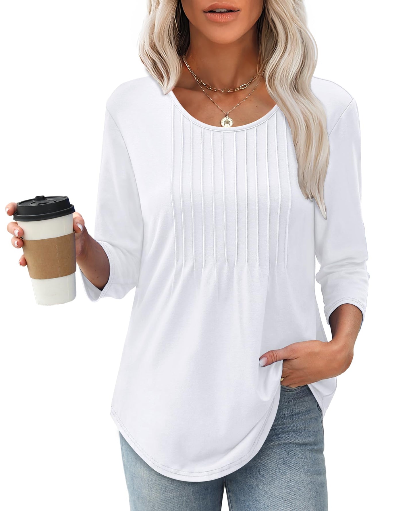 🔥Last Day Sale! 80% OFF!🔥||Women's 3/4 Length Sleeve Crewneck Casual Pleated Tunic Tops(buy 3 free shipping)