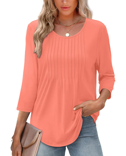 🔥Last Day Sale! 80% OFF!🔥||Women's 3/4 Length Sleeve Crewneck Casual Pleated Tunic Tops(buy 3 free shipping)